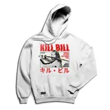 Buzo canguro blanco con capucha y cordones ajustables. Estampado frontal con imagen de la película Kill Bill, texto en inglés y japonés.