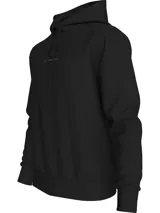 Buzo negro de felpa con capucha y cordón ajustable. Tiene puños y bajo de canalé. Presenta un monograma bordado de Calvin Klein en el pecho.
