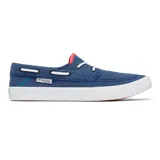 Zapato náutico Columbia Slack Tide Boat PFG de lona azul con cordones blancos, suela blanca y detalles en rojo en el talón.