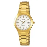 Reloj Casio analógico con caja y correa de acero color dorado, esfera blanca, agujas doradas y calendario. Resistente al agua hasta 50 metros.