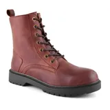 Bota de cuero color marrón con cordones y suela de goma negra.