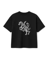 Remera negra de algodón con elastano, corte oversize y estampado pixelado blanco de un caballo rampante.