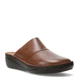 Zuecos de cuero color marrón whisky, con suela de goma negra.