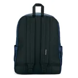 Mochila azul marino con bolsillos duales para botellas, compartimento acolchado para laptop y correas de hombro acolchadas.