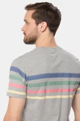 Remera de manga corta color gris jaspeado con cuello redondo y un patrón de rayas horizontales anchas en tonos pastel (azul, verde menta, rosado y amarillo). Presenta un pequeño logo bordado en el pecho.