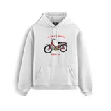 Canguro blanco con capucha y bolsillo delantero, con estampado de una moto roja y la frase "Lo Viejo Funciona" en el pecho.