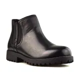 Bota marrón de cuero con elástico lateral, suela de goma y detalle de costuras en la base.