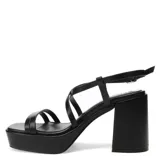 Sandalias de fiesta negras con plataforma y taco ancho, tiras cruzadas y pulsera al tobillo.