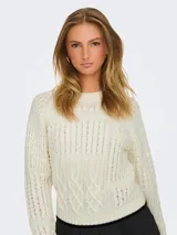 Sweater de punto color crema con diseño de trenzas y punto arroz. Tiene cuello redondo y mangas largas con puños y bajo acanalados con borde negro.