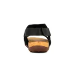 Sandalia casual de mujer color negro, con dos tiras anchas en el empeine y pulsera con hebilla al tobillo.