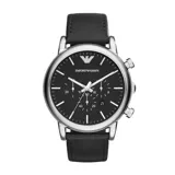 Reloj Emporio Armani modelo AR1828, con caja de acero inoxidable plateado de 46mm, esfera negra mate con cronógrafo integrado, agujas plateadas y correa de cuero negro.