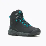 Bota de cuero negra impermeable con cordones turquesa, gancho metálico, lengüeta con fuelle y forro polar. Cuenta con 100 gramos de aislamiento sintético, plantilla Kinetic Fit™ BASE, varilla de arco de nailon moldeado, entresuela de espuma EVA y suela Vibram Arctic Grip.