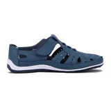 Zapato tipo guillermina color azul con calado en la capellada, ajuste con velcro y suela blanca.