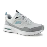 Championes Skechers Skech-Air Court Retro Avenue, color gris con detalles en blanco y celeste. Capellada de gamuza, material sintético y malla, con plantilla Skechers Air-Cooled Memory Foam y entresuela Skech-Air visible.