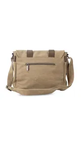 Morral marrón de tela canvas con diseño vintage, tapa frontal y dos correas ajustables de símil cuero. Incluye múltiples compartimientos y correa ajustable para el hombro.