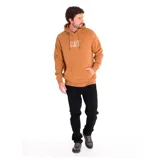 Buzo canguro color marrón claro con capucha ajustable y cordones. Tiene el logo de CAT bordado en el pecho y un bolsillo tipo canguro en la parte delantera.