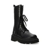 Bota de caña alta en cuero negro, con cordones delanteros y cremallera lateral.