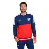 Buzo de hombre en colores rojo, azul y blanco, con diseño de paneles y logo de la marca.