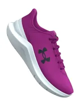 Championes Under Armour Phade RN 3 para mujer, color violeta con logo negro y suela blanca. Ideales para running.
