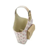 Bolso matero con diseño a cuadros color lila y blanco, con bolsillo frontal color beige y manija superior con hebilla.