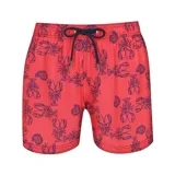 Short de baño rojo con estampado de langostas y caracoles en azul marino. Tiene cintura elástica con cordón ajustable y bolsillos laterales.
