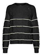 Sweater negro de punto con rayas horizontales color crema y botones decorativos en los hombros.