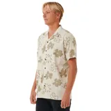 Camisa de manga corta color crema con estampado de flores marrones, cuello americano y cierre frontal con botones negros.
