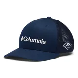 Gorra de béisbol Columbia color beige con paneles traseros de malla azul marino y logo de la marca bordado en el frente.