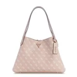 Cartera tote Guess modelo Sora, color rosa pálido con estampado de logos en blanco. Tiene doble asa de hombro, cierre lateral con cremallera y dije colgante con el logo de la marca.