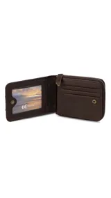 Billetera de cuero color marrón con cierre de cremallera. Interior con espacio para billetes, visor y tarjeteros. Incluye espacio con cierre para monedas.