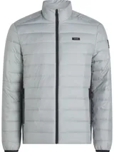 Campera de plumas gris hecha con materiales reciclados, de corte regular con cuello alto y cierre frontal.
