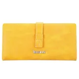 Monedero rojo de cuero sintético con textura granulada y cierre con presilla.