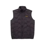 Chaleco negro con cierre frontal, cuello alto y bolsillos laterales. Parche de silicona con el logo de Caterpillar en el pecho.
