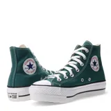 Championes Converse Chuck Taylor All Star Lift de caña alta, color verde con plataforma blanca y cordones blancos.