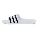 Chanclas de una sola pieza, color blanco, con tres franjas negras características de Adidas en la tira superior.