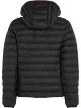 Campera acolchada negra Tommy Hilfiger con capucha, cierre de cremallera, dos bolsillos laterales con cremallera y logo bordado en el pecho.