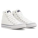 Zapatilla bota de lona blanca con detalles en caucho, suela vulcanizada y plantilla extraíble.