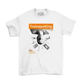 Remera blanca de algodón con estampado del poster de la película Trainspotting.