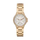 Reloj Michael Kors con caja de acero inoxidable dorada de 33 mm, bisel con strass, esfera blanca multifunción con números romanos dorados y pulsera de acero inoxidable dorada.