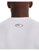Musculosa blanca Under Armour HeatGear de compresión, sin mangas y con logo en el pecho.