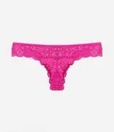 Bombacha bikini hilo color rosa con encaje floral y moña en la cintura.