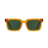 Lentes de sol rectangulares color miel con lentes verdes.