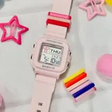 Reloj digital Casio Baby-G color rosa con correa de resina, pantalla LCD y múltiples funciones como cronómetro, alarma y calendario.