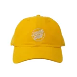 Gorro amarillo de algodón con visera curva y logo de Santa Cruz bordado en blanco en el frente.