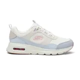 Championes Skechers Skech-Air Court Retro Avenue, color blanco con detalles en celeste y rosa. Capellada de gamuza, material sintético y malla. Plantilla Skechers Air-Cooled Memory Foam y entresuela Skech-Air visible.