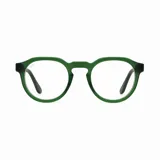 Lentes de receta con montura redonda de acetato color verde y patillas negras.