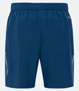 Bermuda deportiva negra sin estampado, con cintura elástica ajustable con cordón, y bolsillo lateral con cierre de cremallera contrastante.