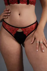 Bombacha de bikini de tiro alto, confeccionada en lycra negra con puntilla elastizada roja en los laterales.