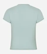 Blusa blanca de poliamida con cuello redondo y mangas cortas.