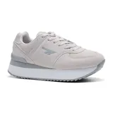 Championes Hi-Tec Roma color beige con plataforma blanca y detalles en gris. Capellada de gamuza y mesh, con tecnología memory foam.